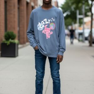 AOKLOK Lazy Casual Blue Graphic Tee